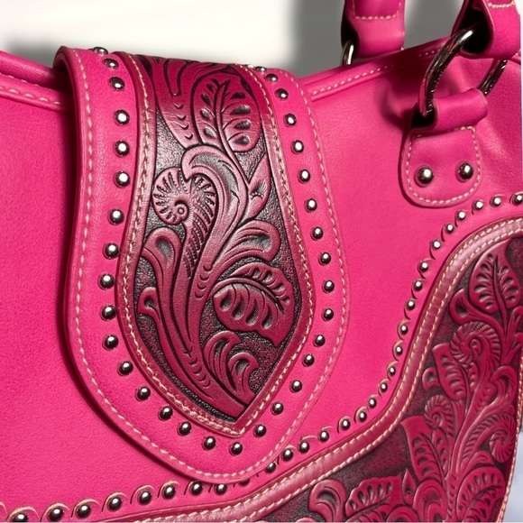 Nwot Montana West Tooled Concealed Handgun Studded Satchel Purse Pink - Picture 8 of 15